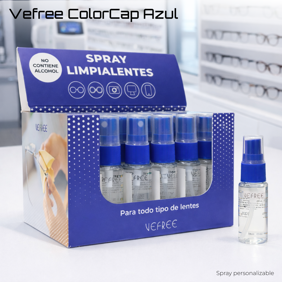 EXPOSITOR SPRAY LIMPIA GAFAS VEFREE 20ml AZUL 24uds