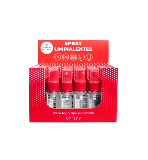 EXPOSITOR SPRAY LIMPIA GAFAS VEFREE 20ml ROJO 24uds