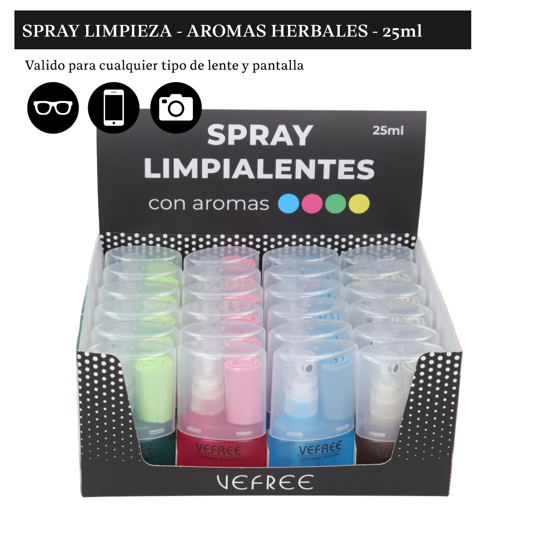 SPRAY LIMPIA GAFAS VEFREE LOTE AROMAS HERBAL 25ml 24uds