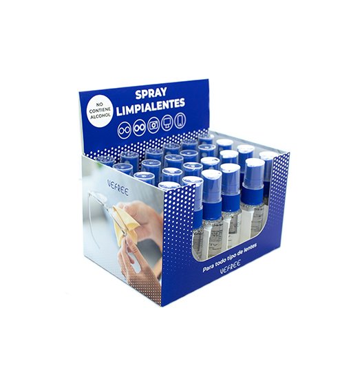 EXPOSITOR SPRAY LIMPIA GAFAS VEFREE 20ml AZUL 24uds