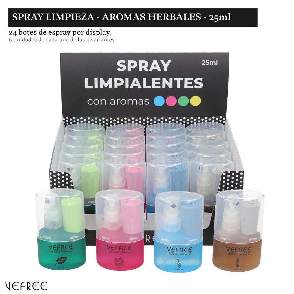 EXPOSITOR SPRAY LIMPIA GAFAS VEFREE AROMAS HERBAL 25ml 24uds